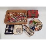 One box to include decorative red box with novelty turtle lock, clip on earrings, beaded necklace,