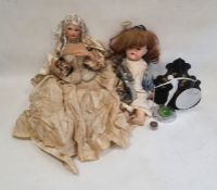Art Deco style gong, cloth headed doll, china headed doll marked Melitta, and a painted folding