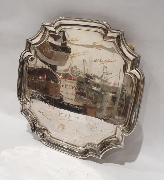 George V silver salver of shaped form and marked 'Presented to LIUET F. E. F. Cuerden bt the - Image 2 of 3