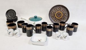 Portmeirion Susan Williams-Ellis coffee set for eight, gilt Greek key on a brown/black ground, Denby