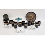 Portmeirion Susan Williams-Ellis coffee set for eight, gilt Greek key on a brown/black ground, Denby