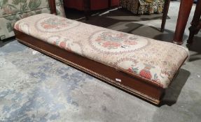 Early 20th century long narrow hearth stool with lift-up upholstered top, 108cm long together with a