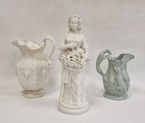 Parian figure of Bacchanalian maiden, on circular base, Parian jug, baluster shaped with arabesque