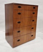 Mid century modern mahogany chest of five long drawers, to castors and plinth base, 76.5cm x 98cm