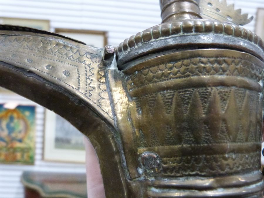 Four 19th century or later, Yemeni/Islamic copper Dallah coffee pots, one with dotted brass decorati - Image 3 of 18