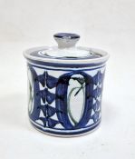 Alan Caiger-Smith Aldermaston pottery canister with blue abstract design, 11cm high x 10.5cm