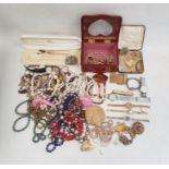 One suitcase of costume jewellery including wooden box with heart shape glass window, Timex watch