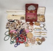 One suitcase of costume jewellery including wooden box with heart shape glass window, Timex watch