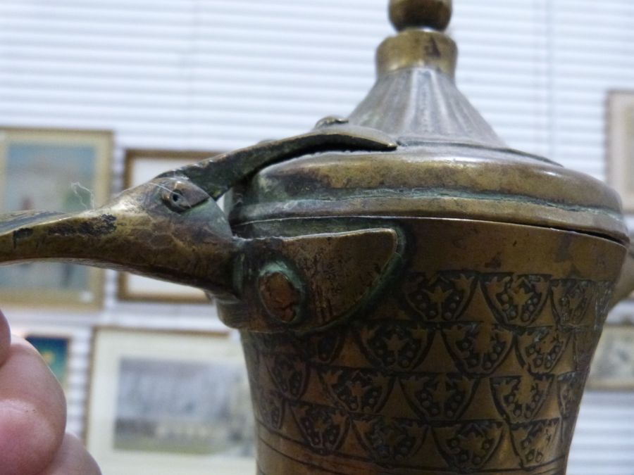 Four 19th century or later, Yemeni/Islamic copper Dallah coffee pots, one with dotted brass decorati - Image 9 of 18