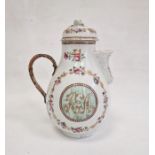 Chinese export porcelain covered jug of baluster shape with shell spout, all painted in famille rose