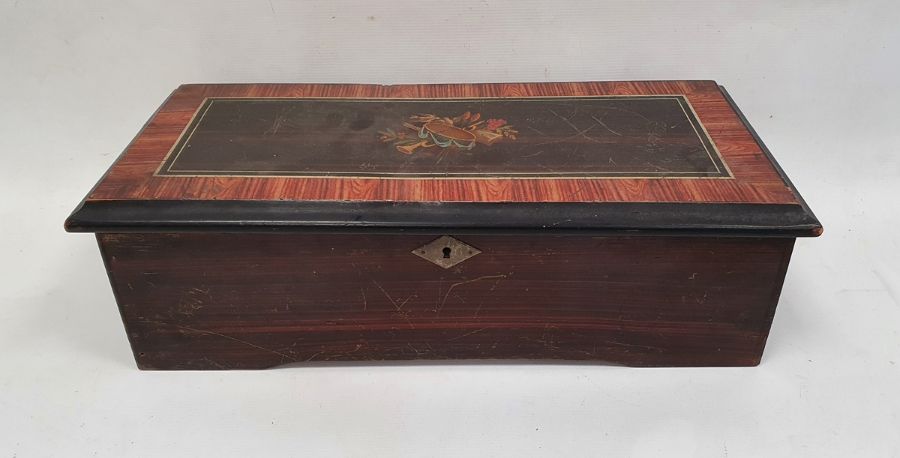Cylinder musical box with painted decoration to the lid, opening to reveal mechanism, apparently