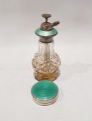 George V silver compact with green enamel top and similar glass perfume bottle with plated and