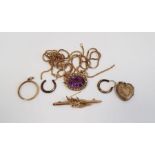 9ct gold bird bar brooch, gold-coloured metal, seedpearl and amethyst-coloured stone brooch, 9ct