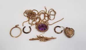 9ct gold bird bar brooch, gold-coloured metal, seedpearl and amethyst-coloured stone brooch, 9ct
