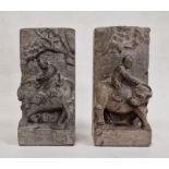 20th century Chinese-style bookends of carved polished stone with figures riding bull
