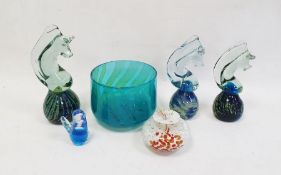 Mdina Art glass bowl in blue colourway with yellow swirls, three graduating Mdina seahorse