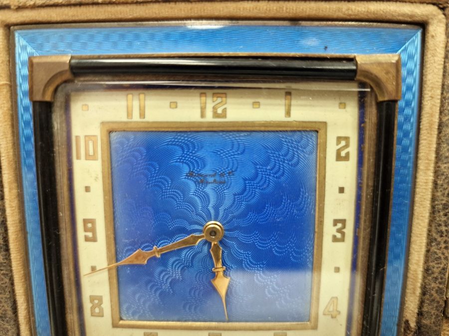 Early 20th century travel clock in original case, the 8 cm square dial with blue enamel, gilt Arabic - Image 2 of 3