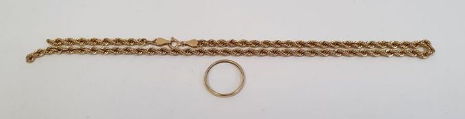 9ct gold fine wedding band and 9ct gold rope-pattern chain necklace (damaged), 5g total approx. (2)