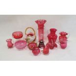 Collection of Victorian cranberry glass to include vases, jugs, bowls, etc and a Bohemian-style