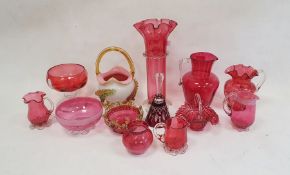 Collection of Victorian cranberry glass to include vases, jugs, bowls, etc and a Bohemian-style
