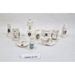 Three boxes of Goss and other crested china to include figure of Captain Scott, two bears and