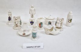 Three boxes of Goss and other crested china to include figure of Captain Scott, two bears and