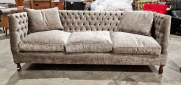 20th century beech-framed buttoned down sofa in pale grey upholstery  Condition ReportSofa in