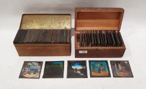 Two boxes of glass  magic lantern slides with fairytale scenes including Jack and the Beanstalk,