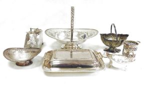 Electroplated wares to include basket with swing handle, on foot, etc (1 box)