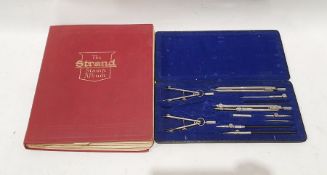 The Strand stamp album with mixed stamps and a draughtsman's technical drawing set (2)