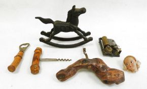 Collection of items to include corkscrews, bottle opener, metal rocking horse, music player, etc (