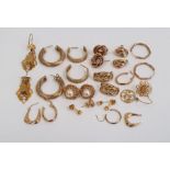 Large collection of 9ct yellow gold pairs of earrings, silver studs and a pair of cultured pearl and