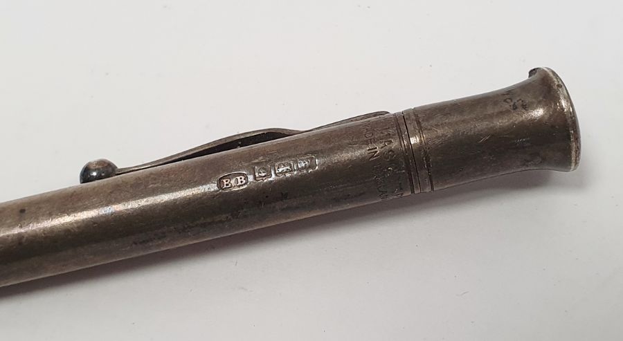 A silver propelling pencil inscribed "The Mascot", a Hargreaves Lansdown fountain pen, three - Image 2 of 3