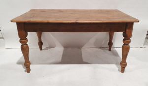 Pine kitchen table, the rectangular top with rounded corners, on turned supports, top approx.