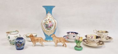 Victorian china floral painted vase, baluster-shaped, turquoise ground, five cabinet cups and