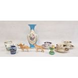 Victorian china floral painted vase, baluster-shaped, turquoise ground, five cabinet cups and