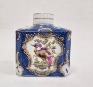 18th century Worcester porcelain tea caddy decorated to a blue scale ground with exotic birds and