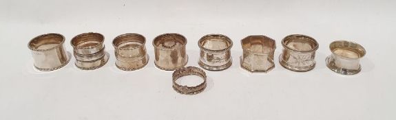 Nine assorted silver napkin rings, various dates and markers, 5ozt