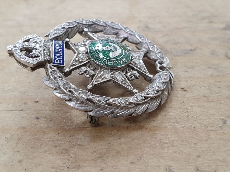 White metal, diamond and enamel regimental brooch, “Rajputana Rifles, Bourbon”, the wreath border - Image 6 of 7