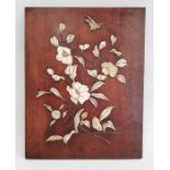 Decorative Japanese hardwood panel with floral decoration inlaid with bone and mother of pearl
