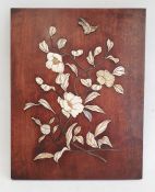 Decorative Japanese hardwood panel with floral decoration inlaid with bone and mother of pearl