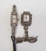 Lady's Bucherer white metal and marcasite pendant dress watch in rectangular case suspended from