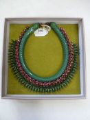 Sveva collarette necklace, green with pink, blue, green and grey borders, in box