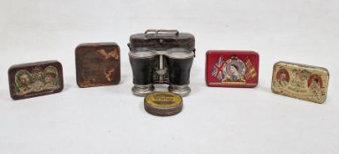 Pair Jockey Club de Paris binoculars and various vintage tins some featuring King George I and Queen