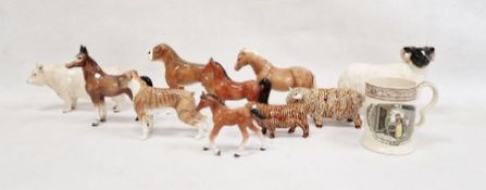 Beswick bull, nine other dogs, horses and model animals and Adams pottery mug (11)