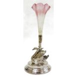 Electroplated epergne in the form of a swan, on oval stepped base, with pink and yellow variegated