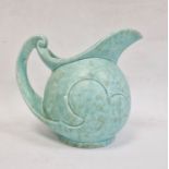 Sylvac-style pottery sailing galleon jug with scroll handle, mottled turquoise ground, 19.5cm high