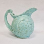 Sylvac-style pottery sailing galleon jug with scroll handle, mottled turquoise ground, 19.5cm high