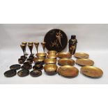 A 1940's Japanese lacquer cocktail and coffee set with gold detailing and bird imagery to include