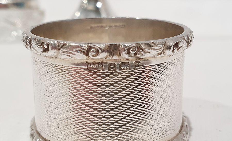 Assorted silver wares to include two napkin rings, silver-backed brush, weighted candlestick, - Image 6 of 10
